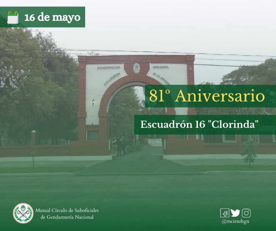 mcirsubgn's tweet photo. Saludamos al Escuadrón 16 "Clorinda", en el día de su 81º #aniversario

¡Felicidades!

#gendarmeríanacionalargentina #GENDARMERIA #SubOficiales #gendarmerianacionalargentina #GendarmeríaNacional #Mutual #Mutuales #GNA #Gendarme #Gendarmes #CamaradaGendarme #Clorinda #Formosa https://t.co/BYPIBWJBV3