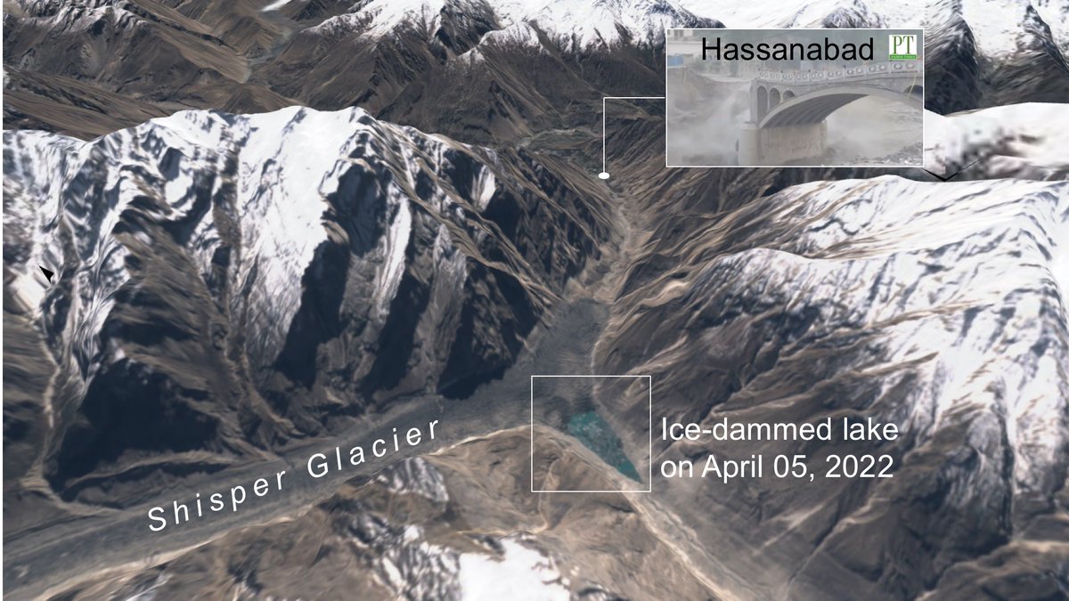 sgascoin's tweet photo. 3D view of the Shisper glacier and its ice-dammed lake a month before it destroyed Hassanabad bridge on the Karakoram Highway https://t.co/vwzXtLkekp
