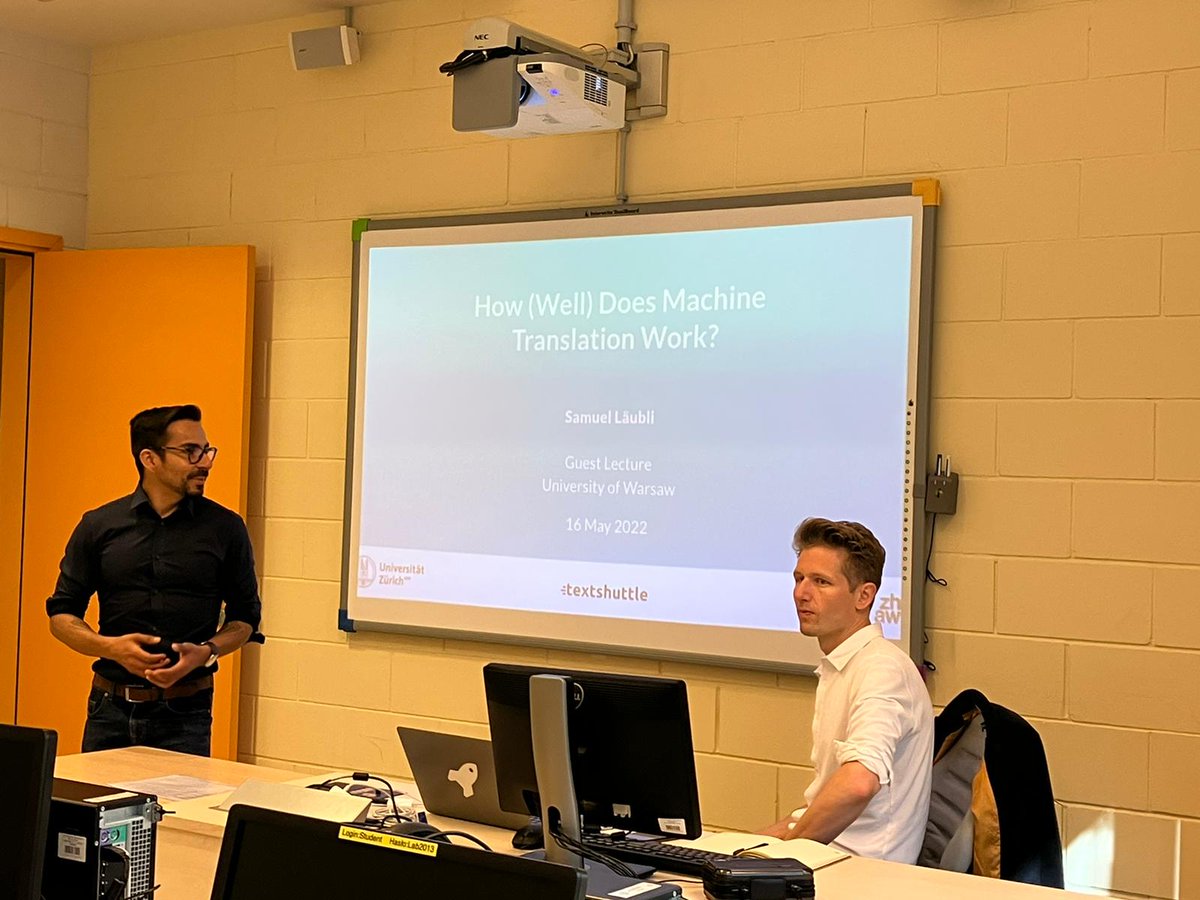 dorrego's tweet photo. How (well) does #MT work? @samlaeubli from @ZHAWLinguistik @textshuttle took over my class today to tell my subtitling students (an me) about neural networks, layers, encoders and quality. https://t.co/p6q2Yso7LE