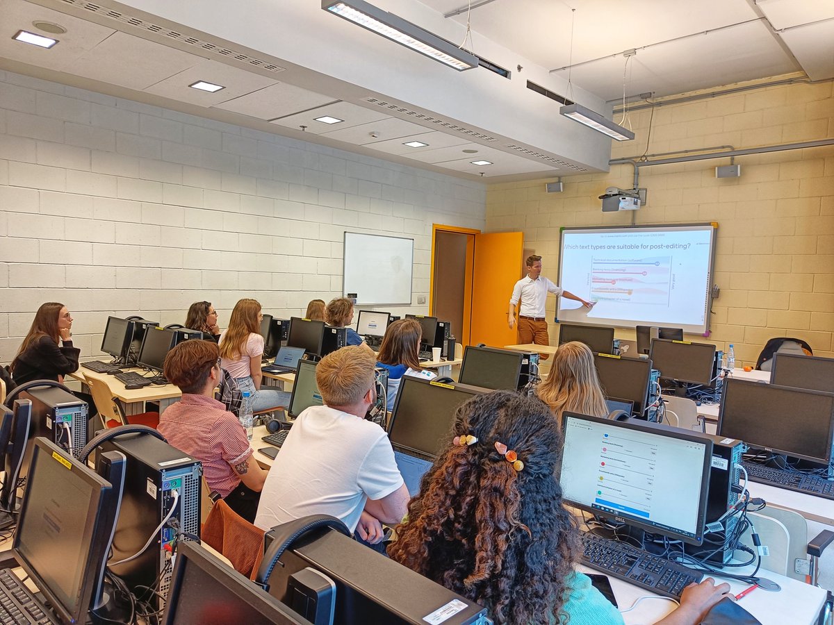 dorrego's tweet photo. How (well) does #MT work? @samlaeubli from @ZHAWLinguistik @textshuttle took over my class today to tell my subtitling students (an me) about neural networks, layers, encoders and quality. https://t.co/p6q2Yso7LE