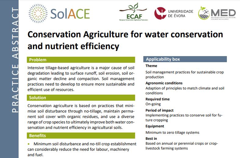 SolACE Practice Abstract about benefits of #ConservationAgriculture! 🌱 For example:
⬇️ Minimize soil disturbance
🔄 Maintain permanent soil cover 
⬆️ Improve water conservation
⬆️ Improve nutrient efficiency 

📄 Download here: zenodo.org/record/6045144…

#SolACEPA #organic