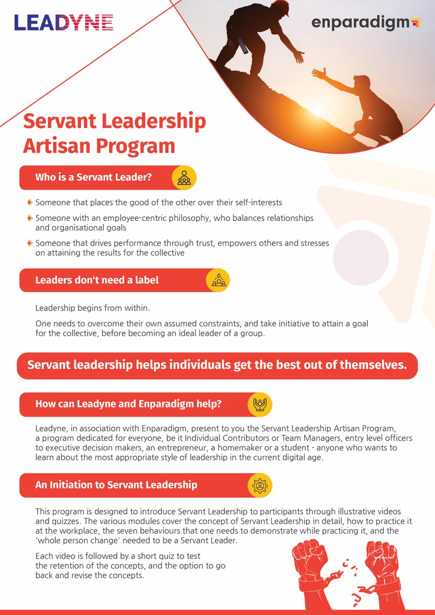 LeadyneOB's tweet photo. Become a Servant Leader by enrolling in our Servant Leadership programs Servant Leadership Masters or Artisan programs, using our intuitive Digital learning platform. Check brochures for program details. Contact us at info@leadyne.com for more info.
#ServantLeadership https://t.co/r1h8kohIDY