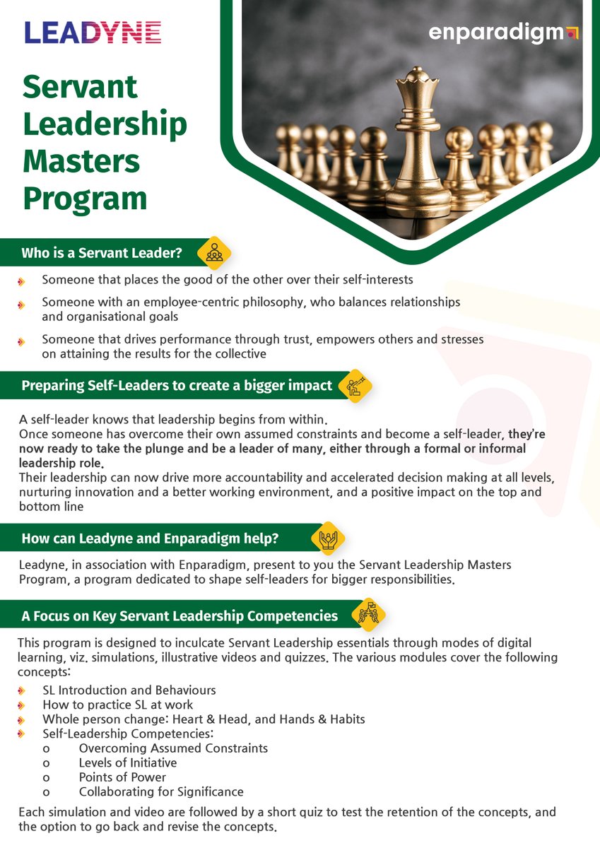 LeadyneOB's tweet photo. Become a Servant Leader by enrolling in our Servant Leadership programs Servant Leadership Masters or Artisan programs, using our intuitive Digital learning platform. Check brochures for program details. Contact us at info@leadyne.com for more info.
#ServantLeadership https://t.co/r1h8kohIDY