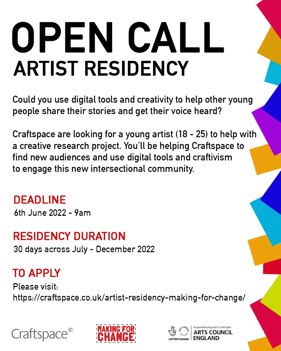 Call out❗We are looking for a young artist (18 - 25) to help us with a creative research project. You’ll be helping us to find new audiences and use digital tools and craftivism to engage this new intersectional community. Fee £4500
Apply online now:
tinyurl.com/yrmbf49d