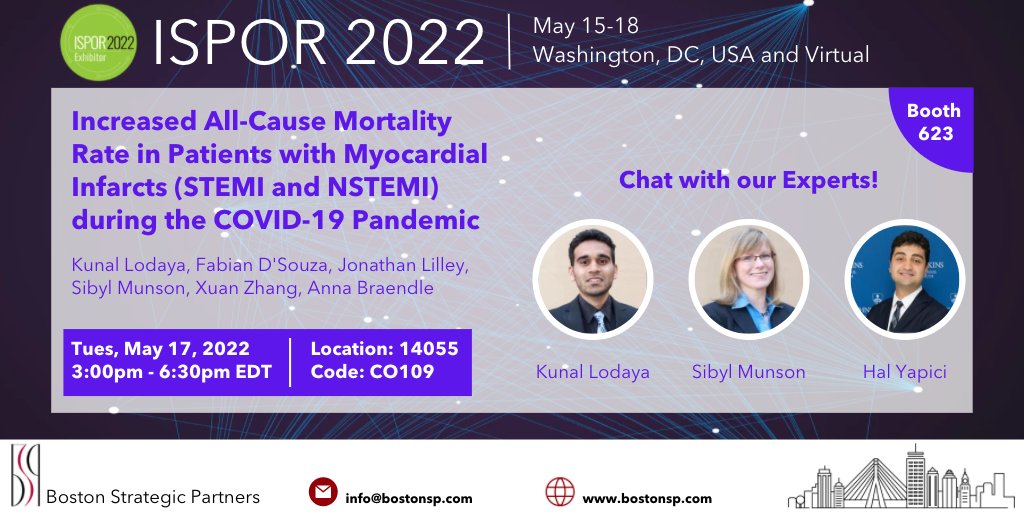 Visit <a href="/BostonSP/">BostonSP</a> at the #ISPORAnnual poster session at, where we present on the all-cause mortality rate for patients admitted to the ER with ST-elevation and non-ST-elevation myocardial infarction before &amp; during the #COVID19 pandemic. Tuesday, 5/17 at 3pm ET. #BostonSPAnalytics