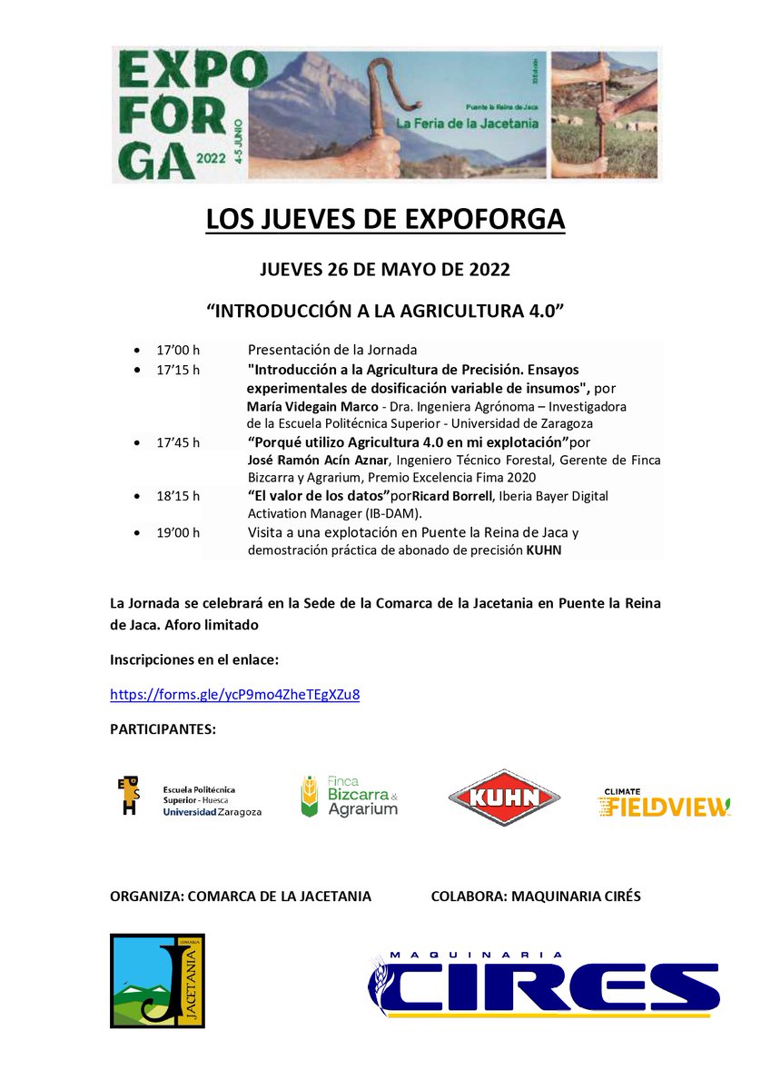 Expoforga's tweet photo. Jornada técnica sobre #Agricultura 4.0 en "Los Jueves de #Expoforga". Día 26 de mayo, a las 17h en la sede comarcal de Puente la Reina.
Plazas limitadas. Necesaria inscripción previa en este enlace: https://t.co/wzhiXzaF3O
Organiza: @cJacetania 
Colabora: Maquinaria Cirés. https://t.co/bFJ2i4T8ys