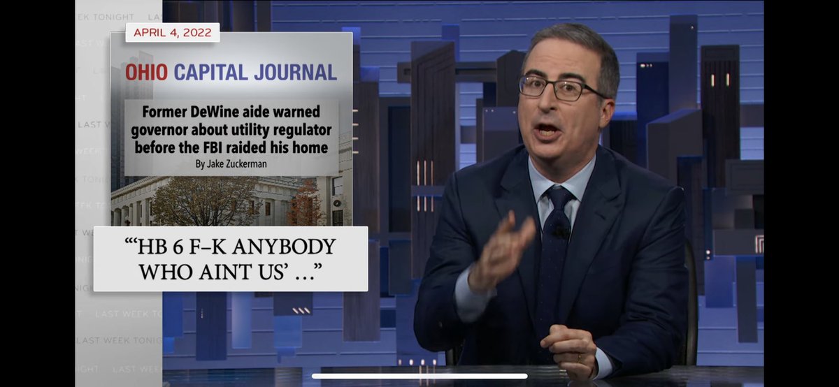 NRutschilling's tweet photo. Surreal and frankly embarrassing to see HB 6 featured prominently in this amazing feature by John Oliver on just how powerful utilities are. This is why we need distributed renewable energy, strong regulation, and equitable energy policy. 
https://t.co/Tjppi7EuYw https://t.co/J4gJY0SjaF