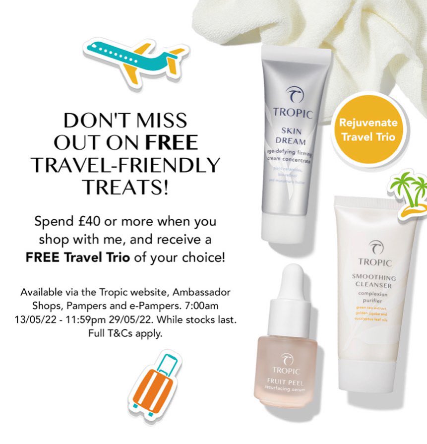 Perfect to add to your weekend away bag! 💖

Tropic's Travel Trios come in 6 different collections, all tailored to suit your skin’s needs. 

My pamper link is here 👇 or you can order from me direct! 

Enjoy free delivery too 🥰

Happy Shopping!

tropicskincare.co.uk/shop/jenmontgo…