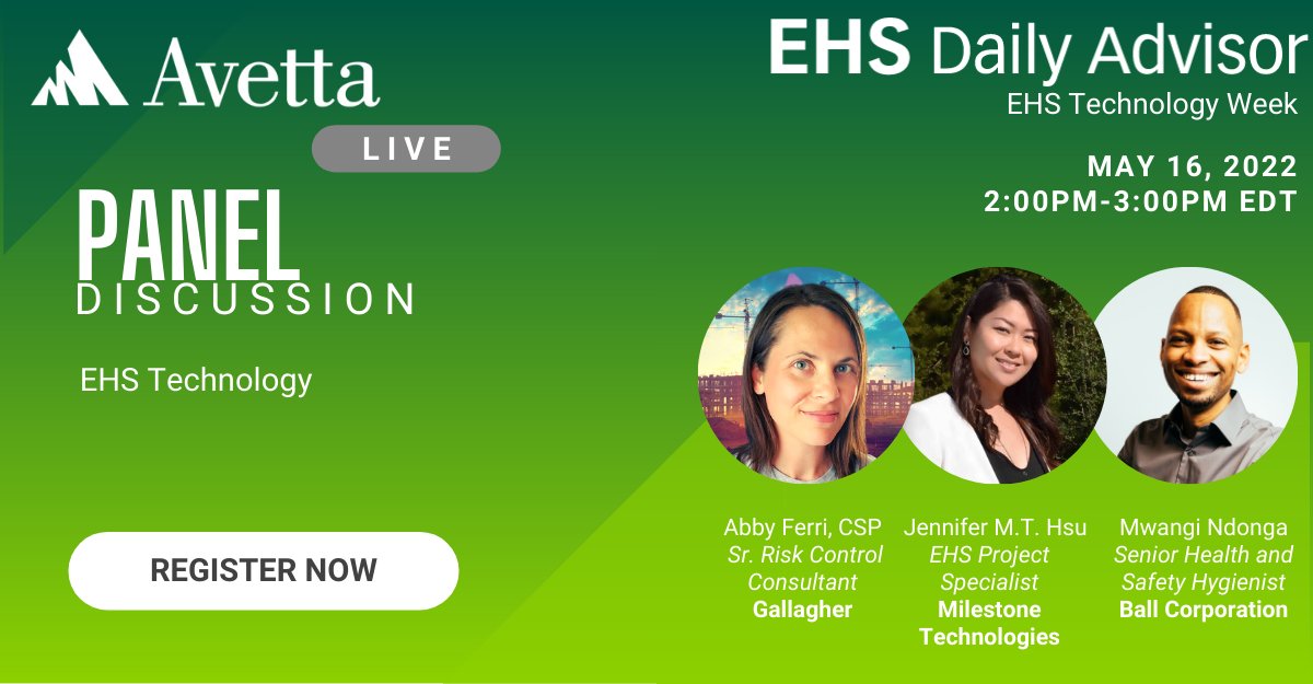 EHSLdrs's tweet image. Join  @AvettaNews  and a panel of experts as we kick of #EHSTechWeek2022 with an engaging discussion on all things #EHSTech! Lear the latest tips, tricks, &amp;amp; strategies from the comfort of your computer chair! See you at 2PM EST! bit.ly/3vIhIy6