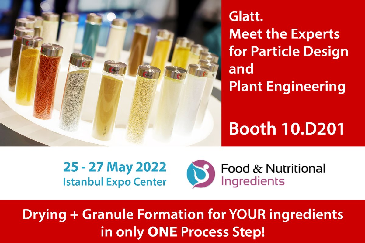 glatt_group's tweet photo. Visit us & our representative PULSE Engineering at booth D201 in hall 10 at Food and Nutritional Ingredients on May 25-27, 2022. Benefit from our processes based on spouted and fluid bed #technology. #fluidbed #spoutedbed
https://t.co/tMRftATBRW https://t.co/Rqn6w2nr0I