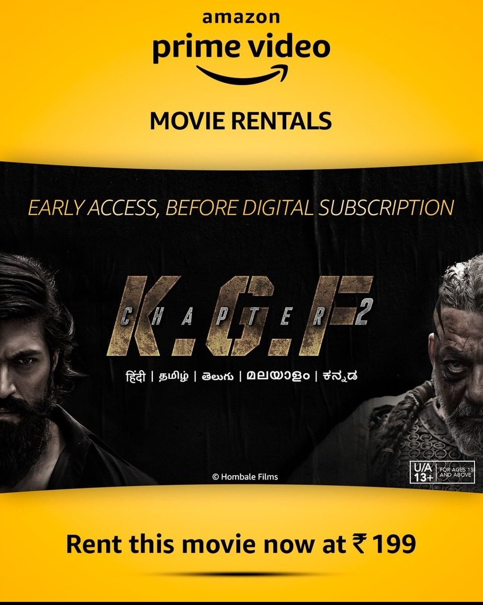 #EarlyAccessOnPrime🚨 #KGFChapter2 available at Rs 199  on @PrimeVideoIN all you #KGF & #YashBOSS𓃵 fans can rent the film! #EarlyAccessOnPrime  #KGFChapter2onprime