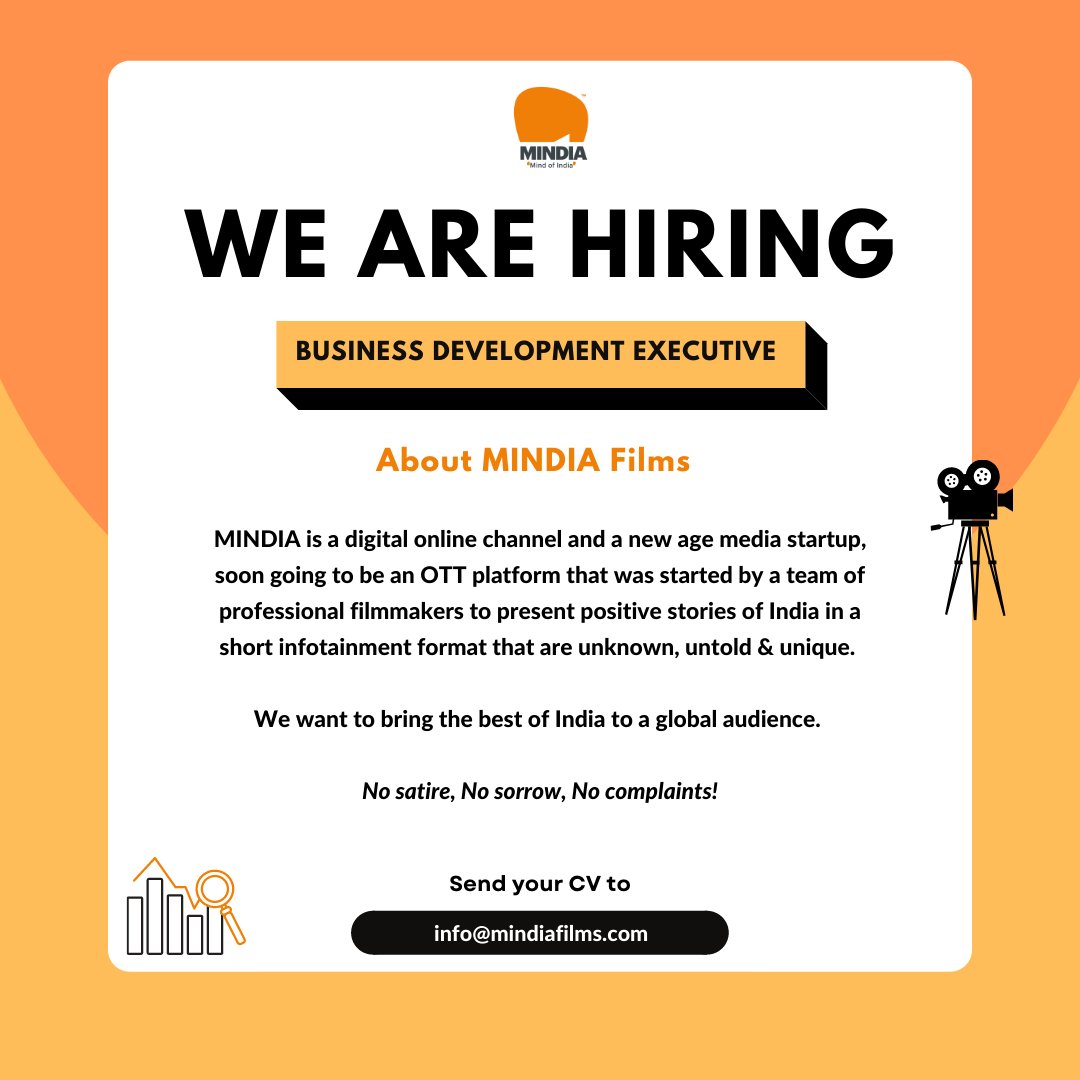 mindiafilms's tweet photo. MINDIA is looking for a Business Development Executive to join us in this journey of storytelling and presenting the stories of India!
If this interests you, Mail us your CV at - info@mindiafilms.com
#MINDIAFilms #HiringAlert #JobOpportunity #BusinessDevelopmentAssociate https://t.co/jccv6bBGOg
