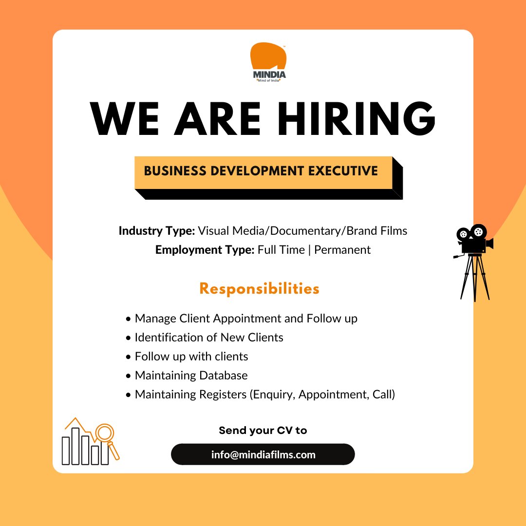 mindiafilms's tweet photo. MINDIA is looking for a Business Development Executive to join us in this journey of storytelling and presenting the stories of India!
If this interests you, Mail us your CV at - info@mindiafilms.com
#MINDIAFilms #HiringAlert #JobOpportunity #BusinessDevelopmentAssociate https://t.co/jccv6bBGOg