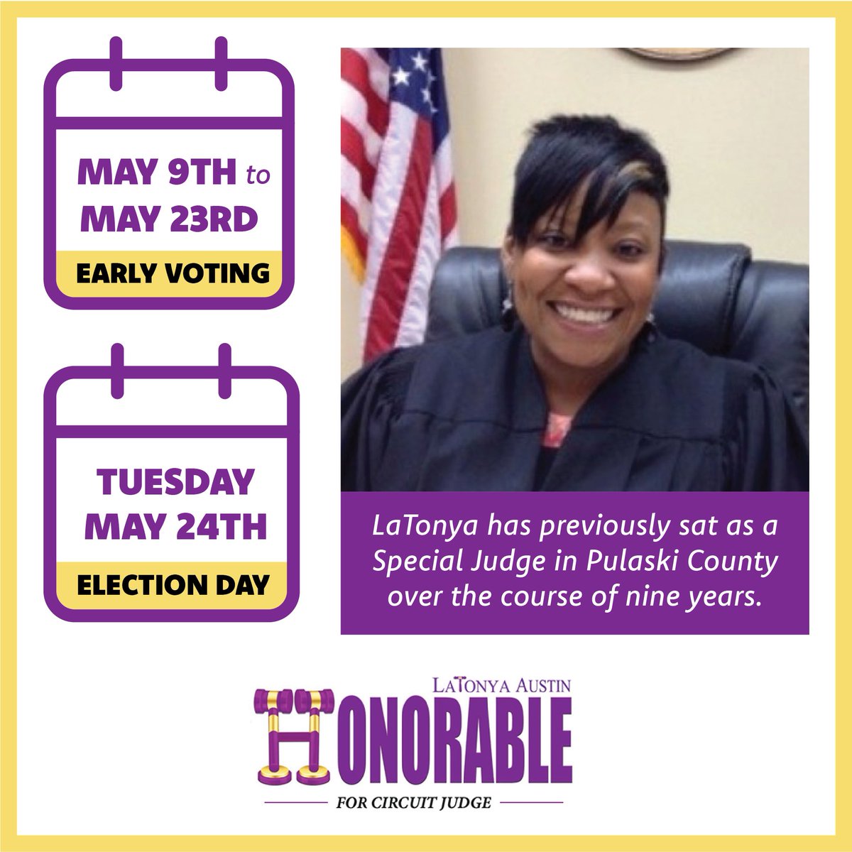 HonorableChoice's tweet photo. As Judge, I vow to give people an opportunity to be heard and be treated with kindness, respect, and courtesy. I want our community here in Pulaski County to know that people within the system are fighting for equity. https://t.co/XJPDfFIh2R