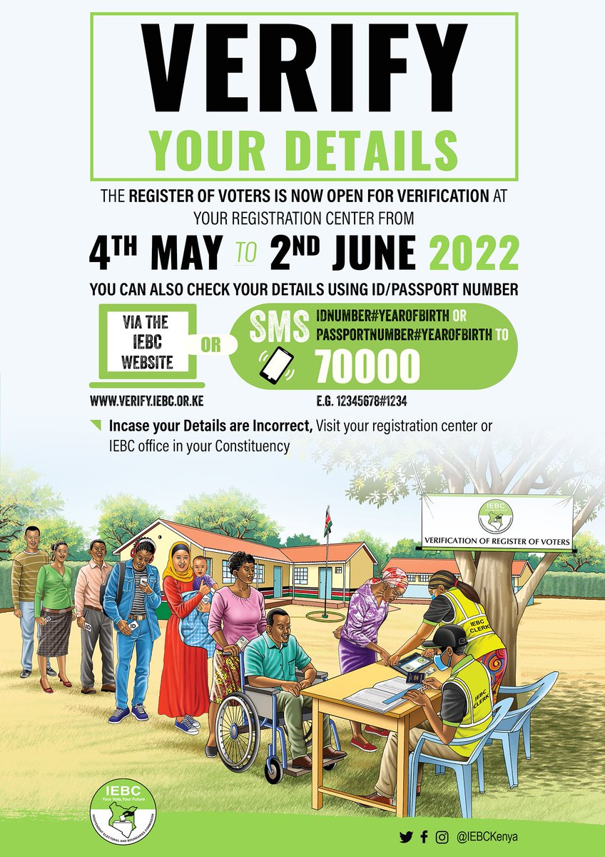 IEBCKenya's tweet photo. Confirm Your Registration Details
Go to: https://t.co/bTAf7kgSbk
or text IDNumber#YearOfBirth
or PassportNumber#YearOfBirth 
to 70000
e.g. 12345678#1234
In the event your details are incorrectly captured, visit your registration center.
#GE2022 https://t.co/cIbei5dhwA