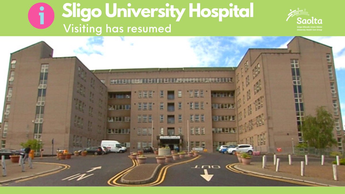 Visiting has resumed in #Sligo University Hospital from today Up to two visitors per patient are welcome between 6pm and 8pm Visitors must wear a mask and use hand gel regularly. Please do not visit the hospital if you have any symptoms of #COVID19