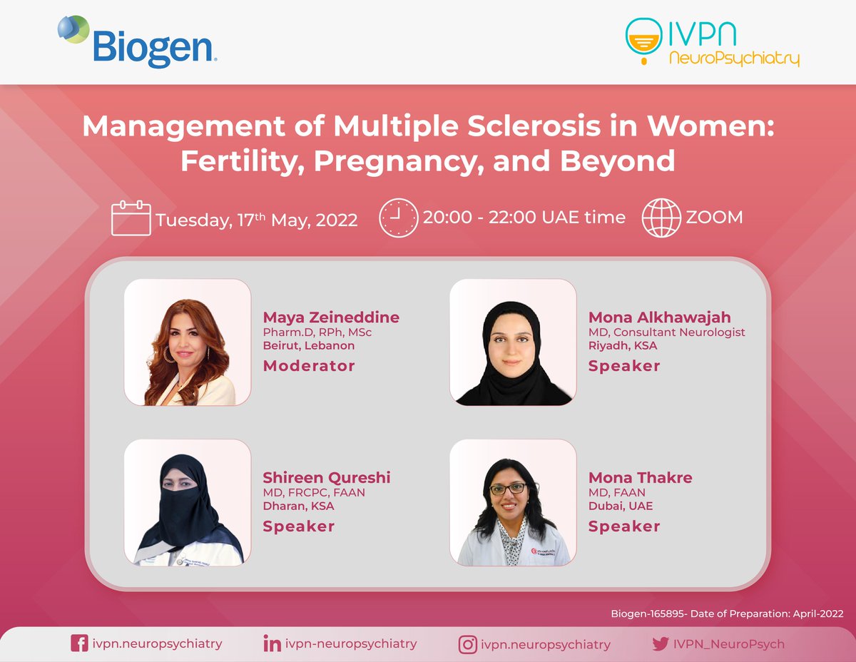 IVPN_NeuroPsych's tweet photo. How to manage Multiple Sclerosis in women?
Join us on Tuesday May 17, 2022 at 8:00 PM UAE Time (GMT+4) for a webinar titled: "Management of Multiple Sclerosis in Women: Fertility, Pregnancy, and Beyond".

Free Registration at: https://t.co/phja2S6Yaz
Free CME-accreditation! https://t.co/ZA1uQuH655