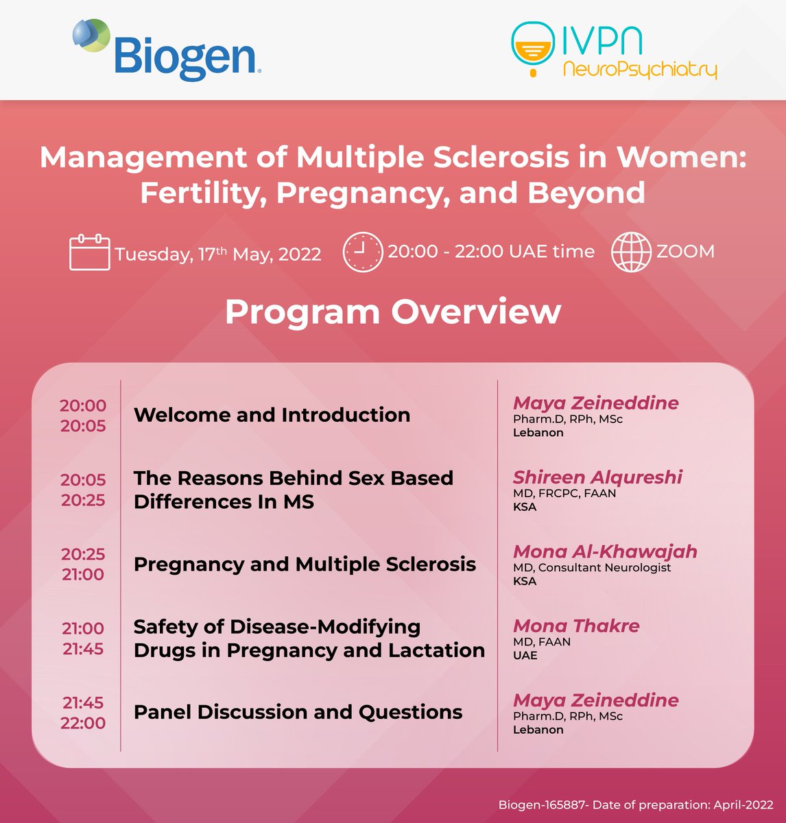 IVPN_NeuroPsych's tweet photo. How to manage Multiple Sclerosis in women?
Join us on Tuesday May 17, 2022 at 8:00 PM UAE Time (GMT+4) for a webinar titled: "Management of Multiple Sclerosis in Women: Fertility, Pregnancy, and Beyond".

Free Registration at: https://t.co/phja2S6Yaz
Free CME-accreditation! https://t.co/ZA1uQuH655