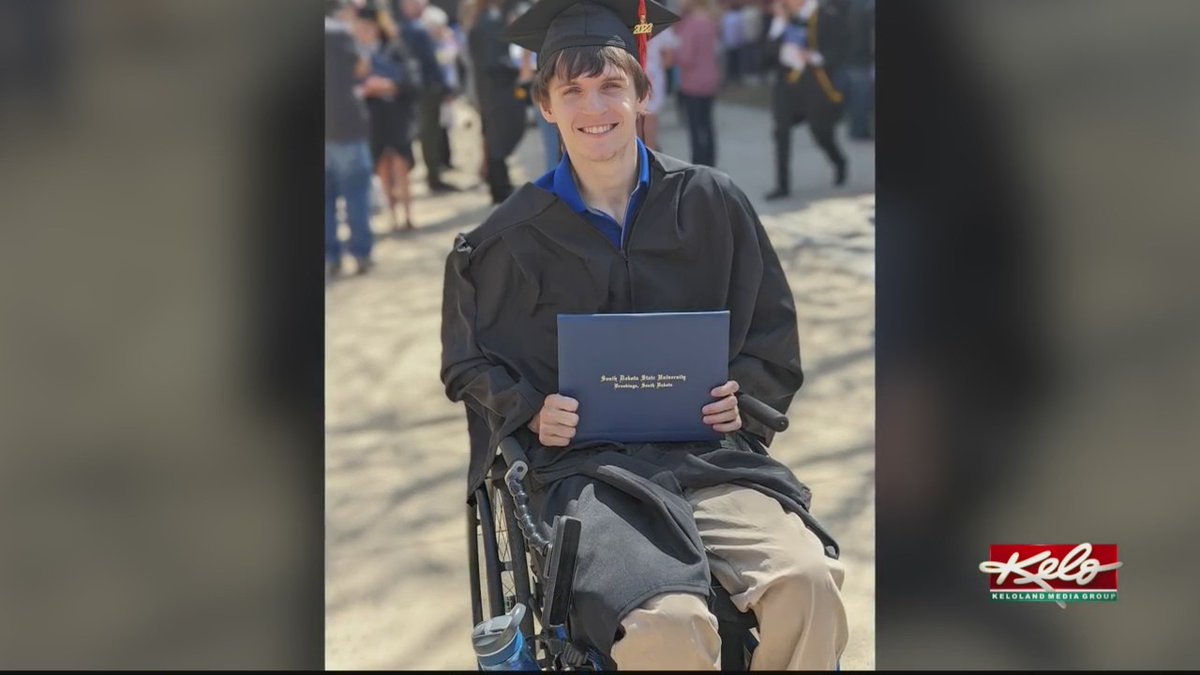 keloland's tweet photo. For the last four and a half years, we’ve been following the journey of Trenton Bass. The Hills, Minnesota athlete was hurt during a football game and suffered a spinal injury in 2017. And after four years at SDSU, Trenton Bass has received his diploma. https://t.co/4SJYalF4L1 https://t.co/AwGthYDo4W