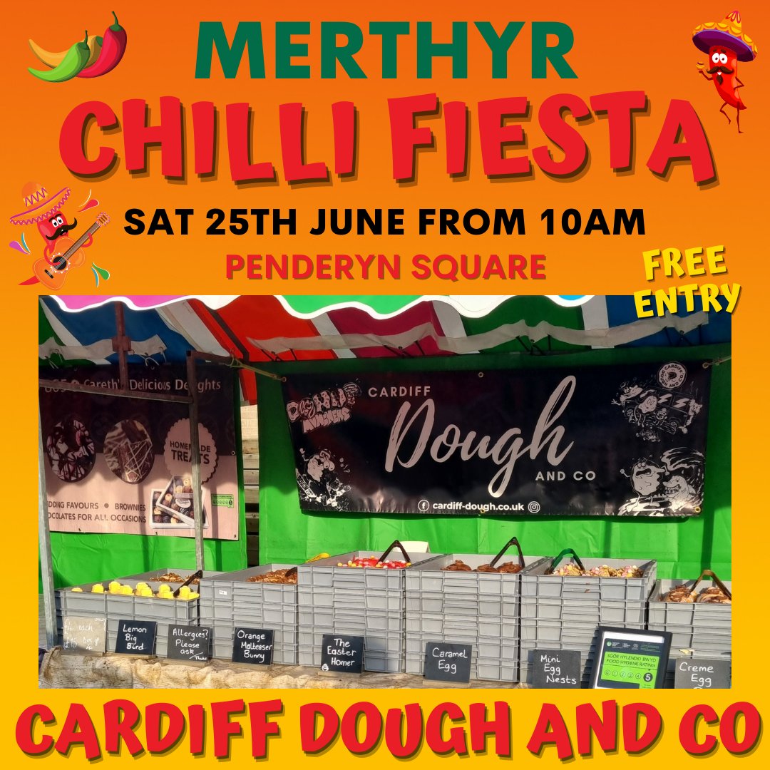 WeLoveMerthyr's tweet photo. With all the heat of Merthyr Chilli Fiesta, you'll deserve something sweet. Visit Cardiff Dough and Co for delicious artisan, handcrafted doughnuts of all kinds! Saturday 25th June, 10am on Penderyn Square 🍩 

#merthyrchillifiesta #merthyrmazin https://t.co/k6G2b8ybp1
