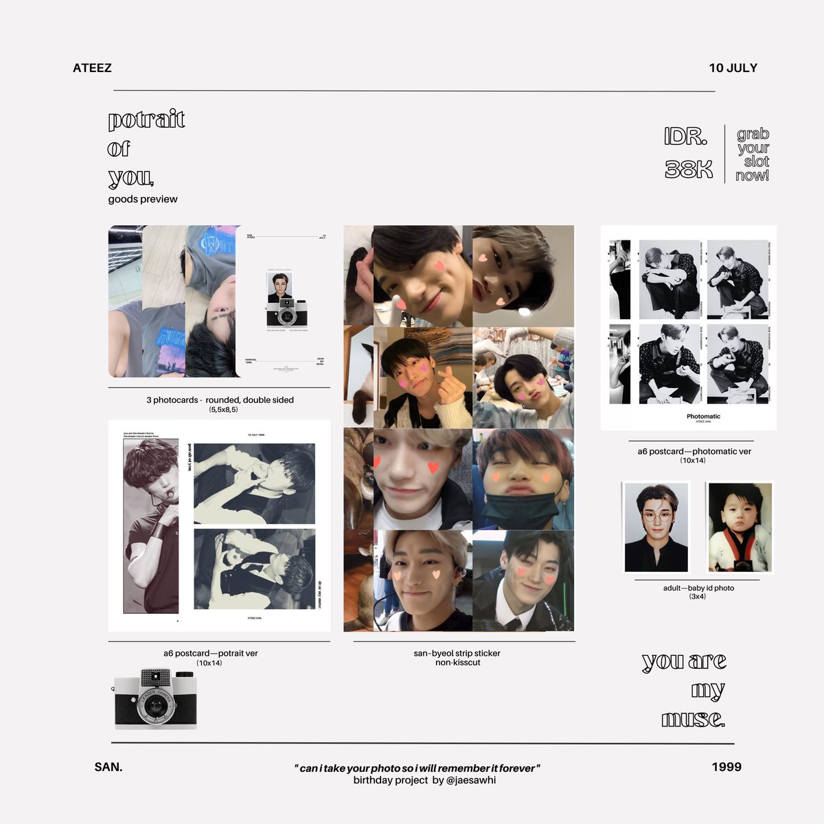 ( preorder : ateez choi san birthday kit, potrait of you 📷 )

🎥 what will u get? ( 3 photocards, 4 postcard, 2 strip sticker &amp; 2 photo id )
🎥 IDR. 38K, link : forms.gle/GdAANxdoUVsAPB…
🎥 details on pict, shipping from jakarta timur. close? TBA!