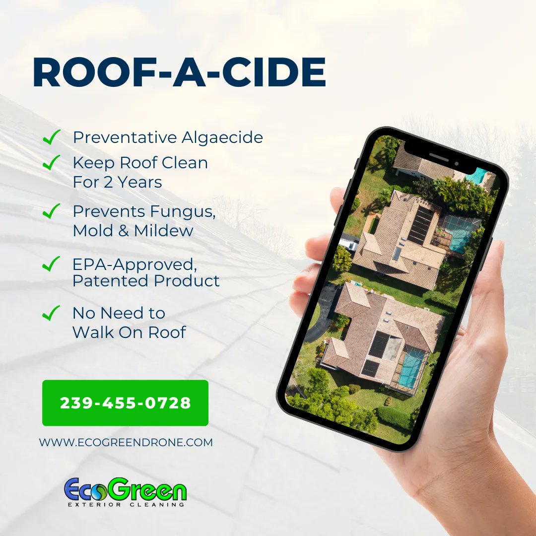 EcoGreenDrone's tweet image. The drone enables us to treat your roof with Roof-A-Cide without walking on it. We pride ourselves in having the latest technology to treat already clean and new roofs to prevent fungus, mold and mildew from ever forming.

Call us ☎️ 239-455-0728

#EcoGreenDrone #DroneSystem