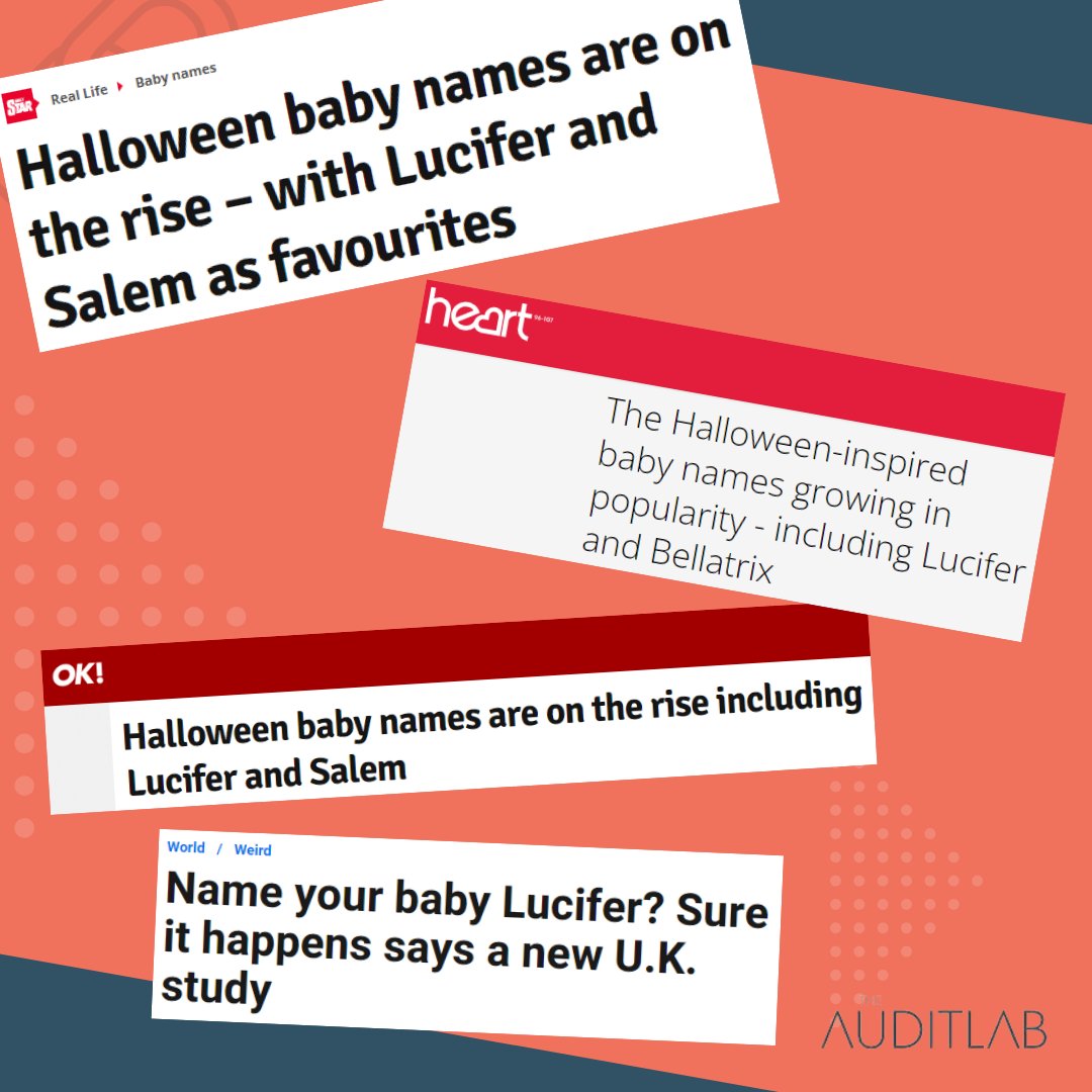 TALagency's tweet photo. Taking you back to one of our best data-dives last year. 📈Deep in ONS data, @BeccaJaynePR, discovered a HUGE rise in Halloween baby names, inspired by our new love of villains perhaps?

A simple yet highly effective campaign that gained 77 links across the world! Go team!🤩 https://t.co/i1jD0xYxTD