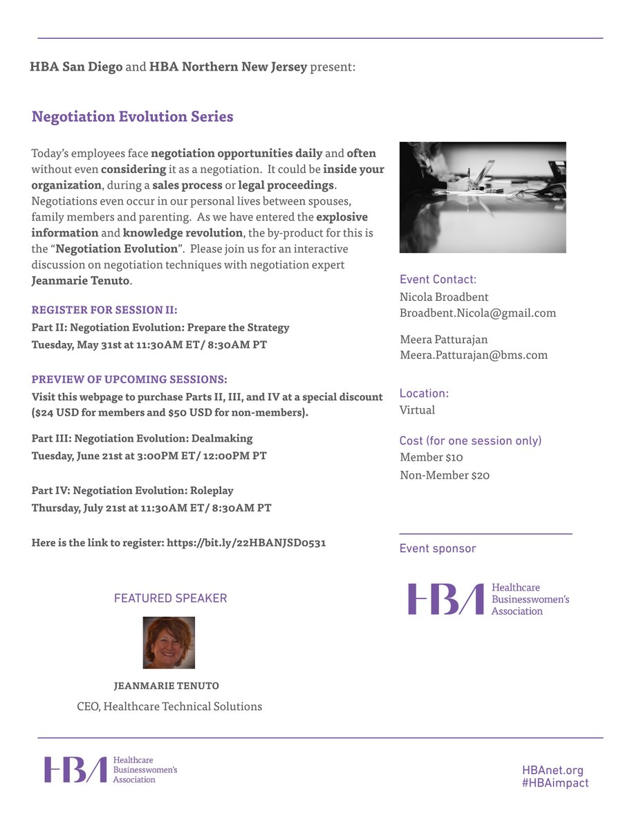 Come join us for part 2 of our negotiation journey! Learning how to negotiate at work is an important skill, as well as for our personal lives. Bring all your questions to perfect this skill by registering here: bit.ly/22HBANJSD0531 #HBAImpact #HBANYNJCT