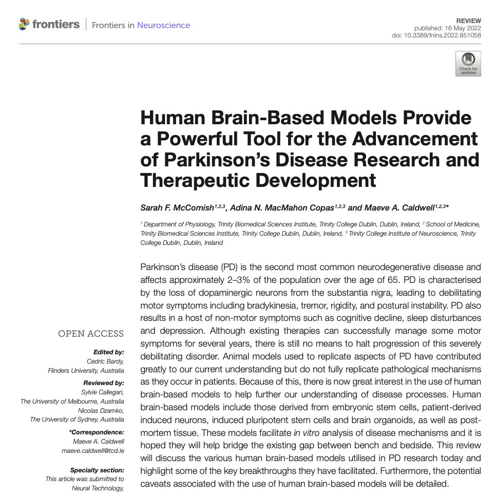 SarahMcComish's tweet photo. Delighted to see our review published online today in @FrontNeurosci where we discuss the role of human brain-based models in PD research

Thank you to my wonderful co-authors Adina and @CaldwellMaeve for their contribution and support

https://t.co/HyzLschTW6 https://t.co/WM7i2Y7Ewl