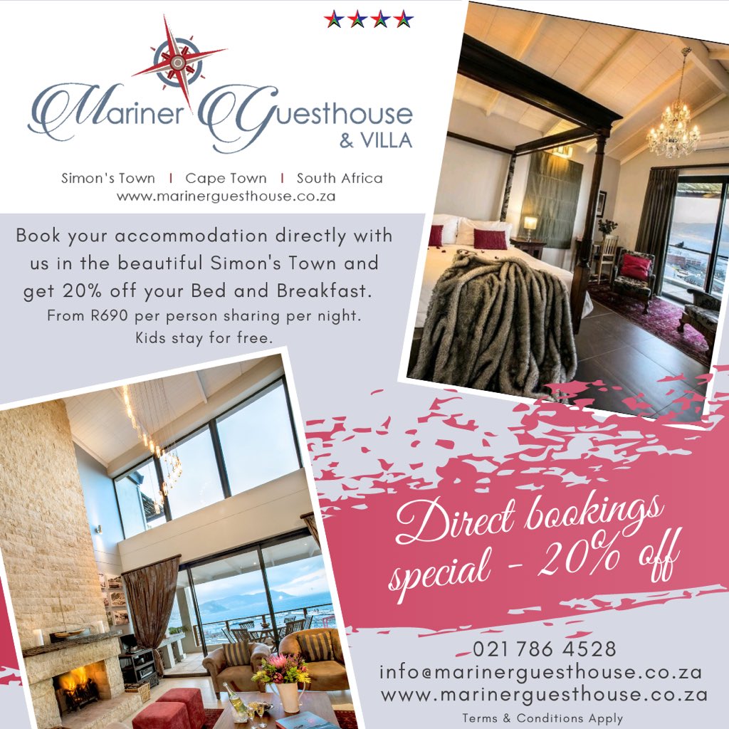 Book your accommodation directly with us in the beautiful Simon’s Town and get 20% off your Bed and Breakfast.

From R690 per person sharing per night.
Kids stay for free!!! 

021 786 4528
marinerguesthouse.co.za
info@marinerguesthouse.co.za
#simonstown 
#lovesimonstown
#capetown