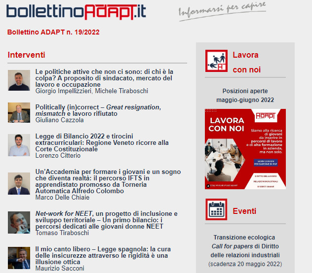 #BollettinoADAPT n. 19/2022 
#politicheattive #greatresignation #leggedibilancio2022 #tirociniextracurriculari #riformaspagnola #lavoronero #contrattazionecollettiva #relazioniindustriali 

#openaccess 

mailchi.mp/adapt/bolletti…