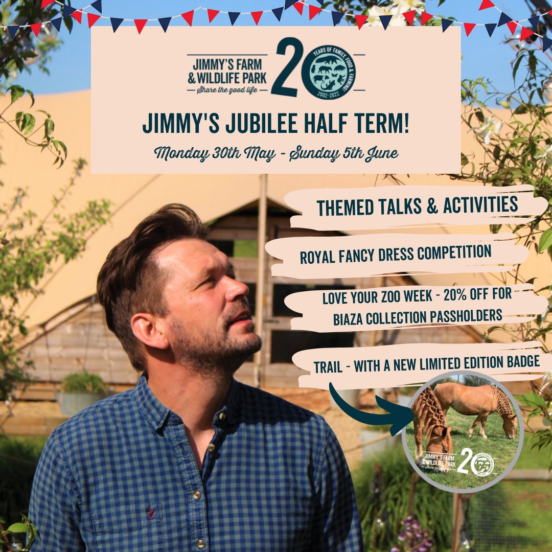 JimmysFarmHQ's tweet photo. Join us for Jimmy's Jubilee Half Term 😃 We have so many exciting things planned throughout the week that you won't want to miss!

Head online to find out more more and book your tickets https://t.co/p3ca5hpPMZ https://t.co/50IsZm23qc