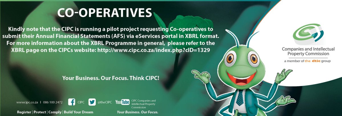 theCIPC's tweet photo. Notice to our customers 

Annual Financial statements (AFS) for Co-operative via XBRL format. For more information visit our website: https://t.co/QoVTYKYZFt https://t.co/OxdVDyEmmn