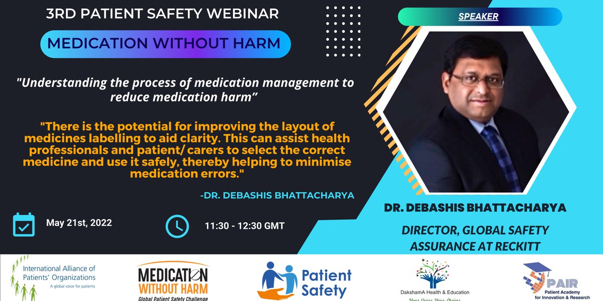 AcademyPatient's tweet photo. Join us for the 3rd webinar to understand more about medication management.
Register here➡️https://t.co/fKy8yGXL0d
#medicationwithoutharm #worldpatientsafetyday #iapo #patientsafety #Medication #medicationmanagement #productquality #Medicationquality #Medication
@DakshamAHealth https://t.co/i0LWEfUlGh