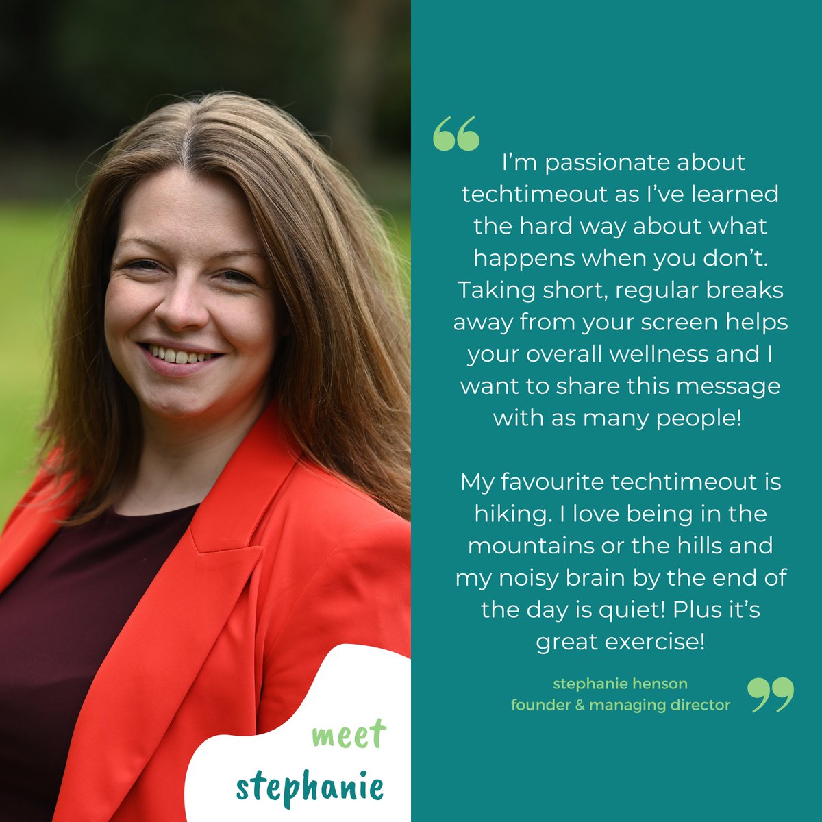 techtime_out's tweet image. Happy Monday! Next on Meet the Team is Stephanie Henson! 

The founder and managing director of techtimeout! 

Take a look at the post to find out why she is so passionate about techtimeout!🧡

-
#techtimeout #mondaymotivation #workplacewellbeing #healthymindset