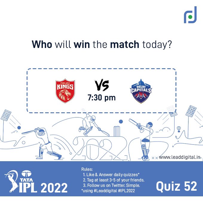 LeadDigitalIn's tweet photo. #ContestAlert

Quiz - 52

Know more about the Contest:
https://t.co/B3PdDrQNon

#IPL2022 #TATAIPL #IPL #iplt20 #PBKSvsDC #DCvsPBKS #PunjabKings #DelhiCapitals #Contest #CricketTwitter #cricketcontest #IPLContest #PredictAndWin #amazon #boat #prize https://t.co/gxkufh5OOF