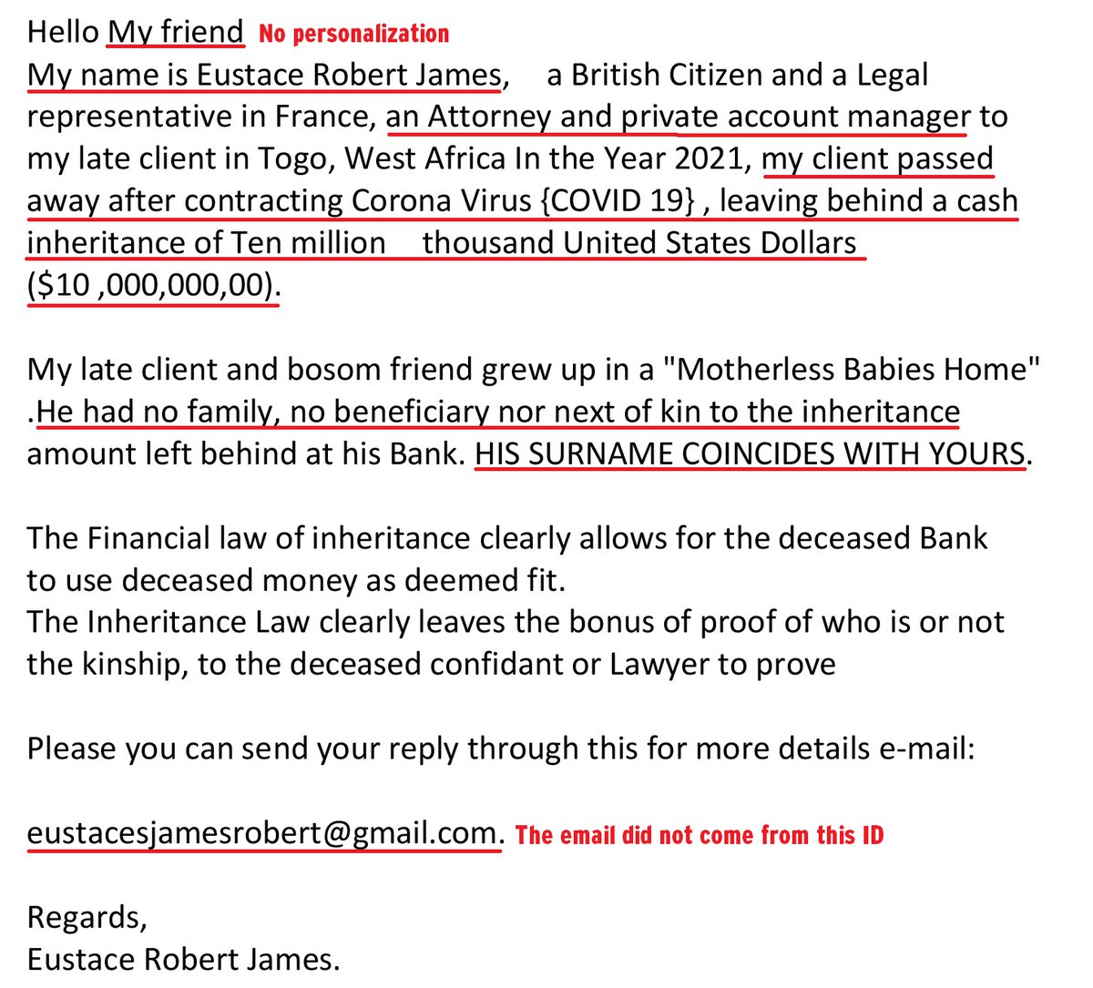 scamadviser's tweet photo. ** $10 Million Inheritance Scam **
Here is another variation of the "same last name" inheritance scam. Know more: https://t.co/cdBfPtwvZ5
#ScamAdviserAlerts #ScamAlert #InheritanceScam #AdvanceFeeScam #OnlineScam https://t.co/vZ9mQmSOKw