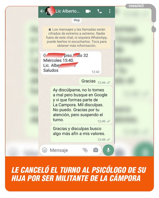 Le canceló el turno al psicólogo de su hija cuando comprobó que era  militante de La Cámpora | Rosario3