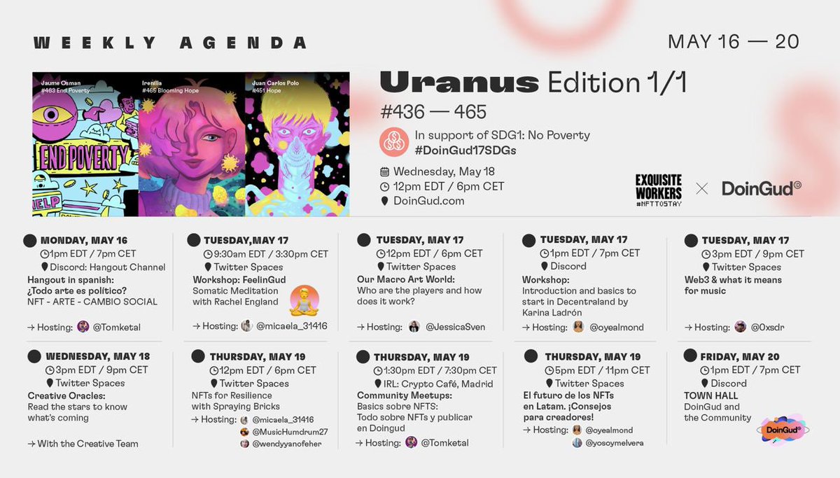 DoinGudHQ's tweet photo. Good Morning ☀️Happy Monday ✨
Here is our Weekly Event Calendar for you to interact and connect with the DoinGud community 🗓
Lets #StartDoinGud 😇 https://t.co/wF2LLPl89I