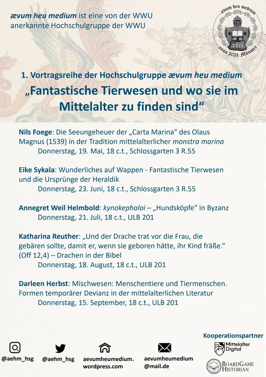 aehm_hsg's tweet photo. Am kommenden Donnerstag startet unsere 1. Vortragsreihe über fantastische Tierwesen im Mittelalter mit einem spannenden Vortrag über Seeungeheuer der "Carta Marina".🦕🐳🐟 Interessierte sind herzlich willkommen! #Mittelalter #Mediävistik #wwu #aehm https://t.co/hDTwE1XspU