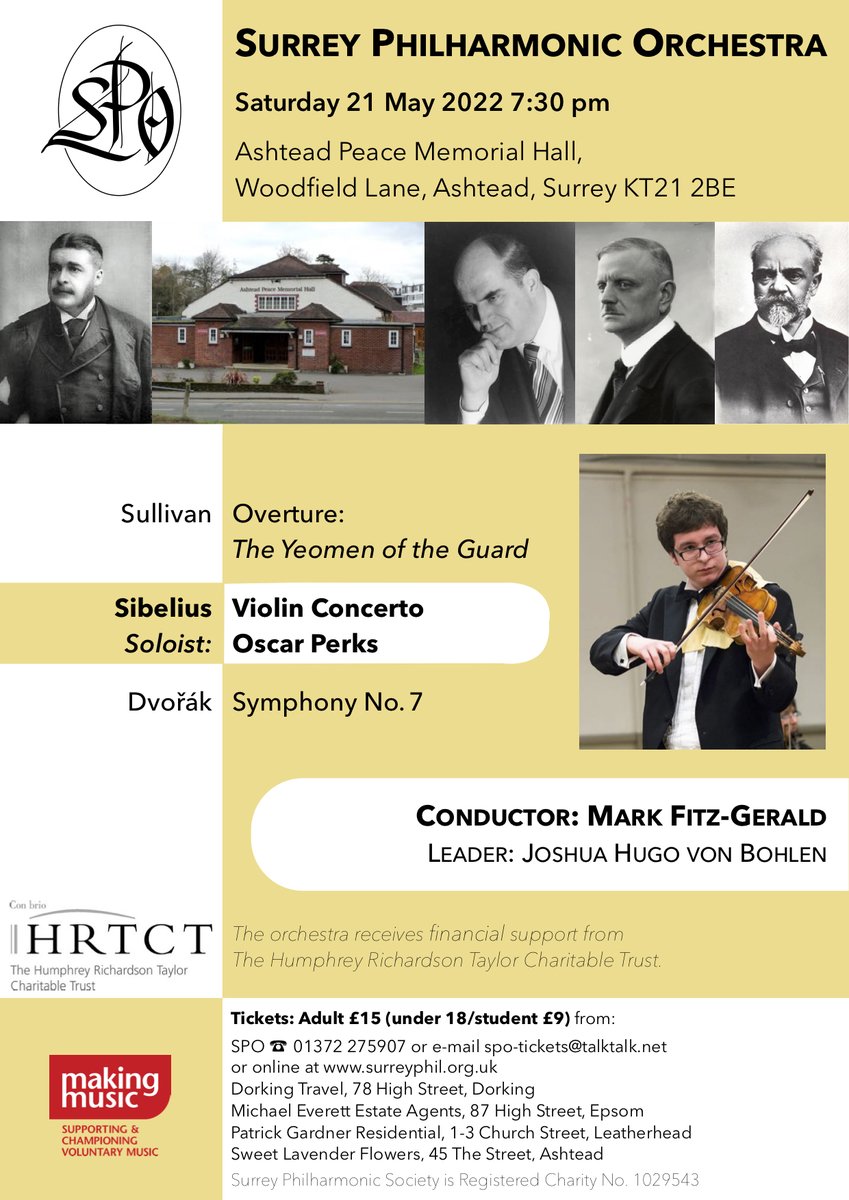 SurreyPhilOrch's tweet photo. We are delighted to invite you to our Summer concert  Saturday 21st May at the Ashtead Peace Memorial Hall with Sullivan, Sibelius Violin Concerto soloist is Oscar Perks and Dvorák No 7
Conductor Mark Fitz-Gerald
Leader Joshua Hugo von Bohlen 
#Ashtead #Sullivan #Sibelius #Dvorák https://t.co/MdpR3COiA7