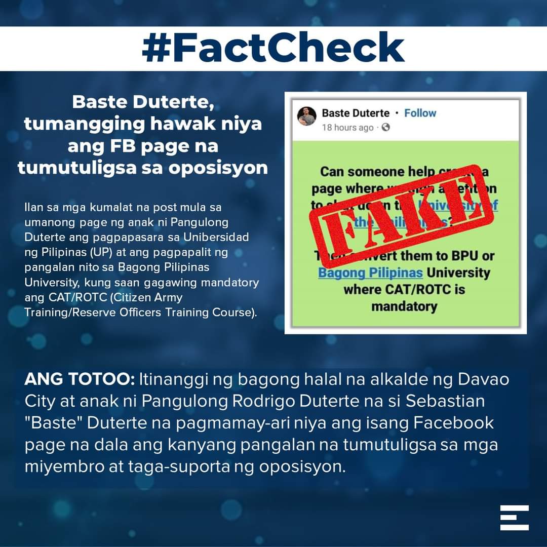 explained_ph's tweet photo. #FactCheck | “Reminding everyone to be mindful of social media accounts and pages pretending to be Vice Mayor Baste or representing the Davao City Vice Mayor’s Office,” pahayag ng kanyang opisina.

BASAHIN ANG BUONG ULAT: https://t.co/UBF4jB9kUZ https://t.co/X7Qch3S0ta