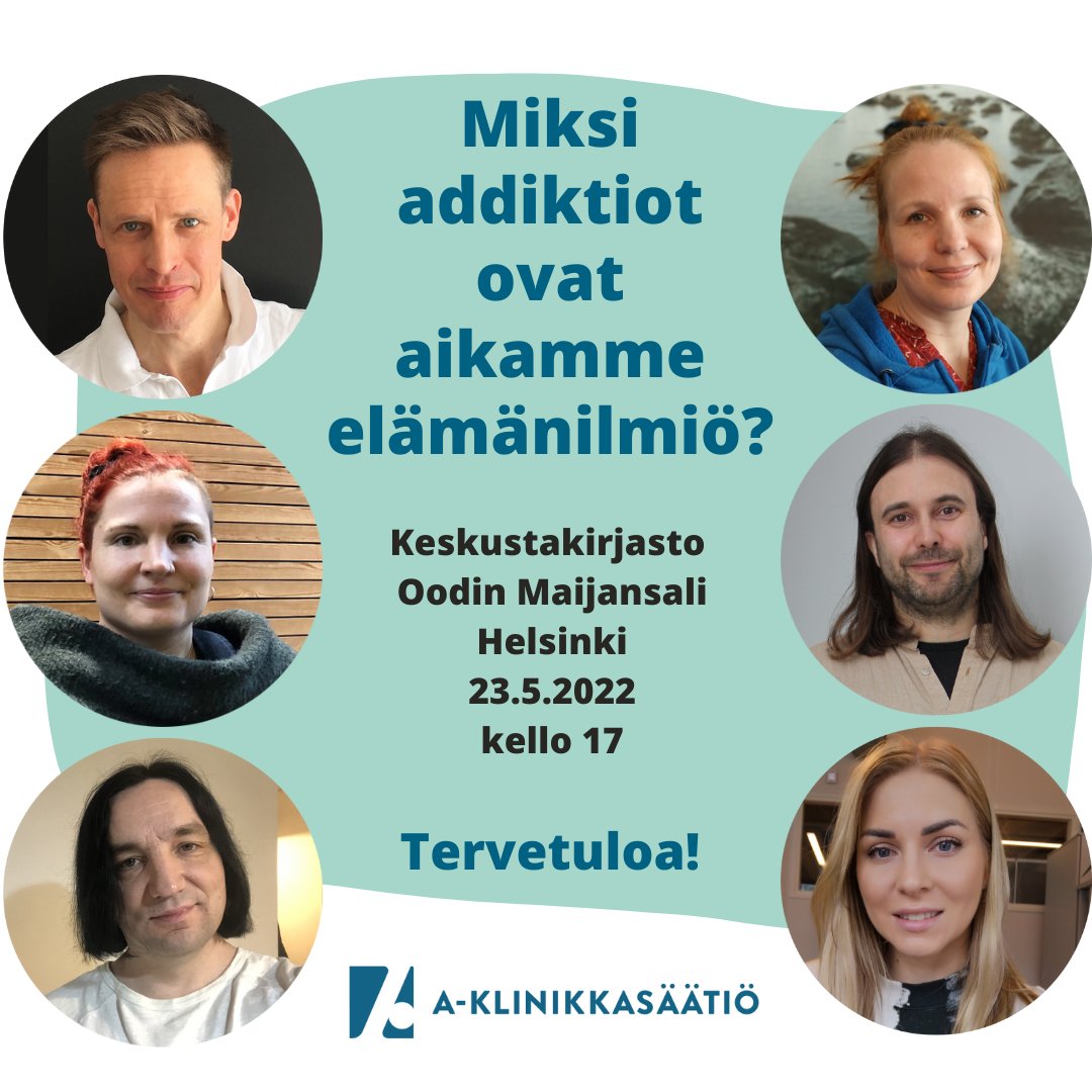 Tule treffaamaan meitä viikon päästä maanantaina 23.5. alkaen kello 13 #Helsinki Kansalaistorille ja kello 17 @oodihelsinki. Puhutaan addiktioista! #ANiinKuinAddiktio a-klinikkasaatio.fi/ajankohtaista/…