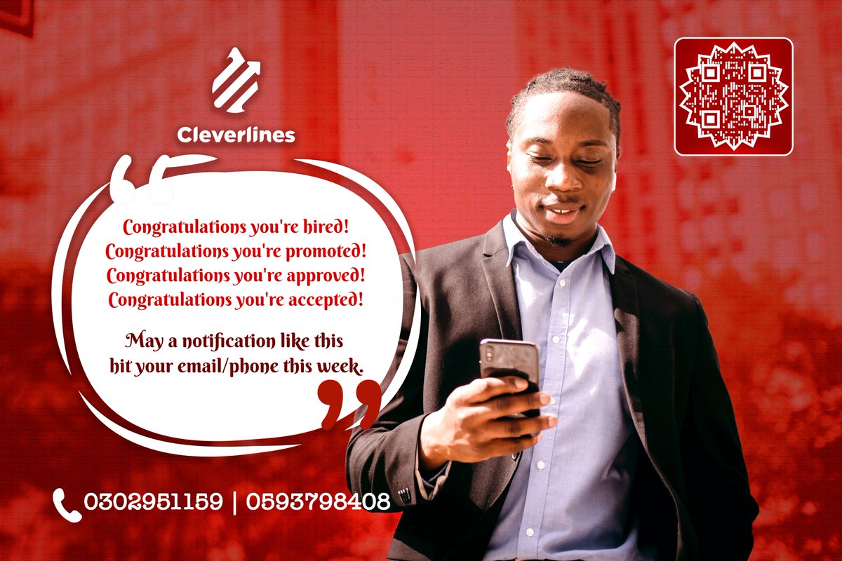 CleverLines3's tweet photo. Congratulations you're hired!
Congratulations you're promoted!
Congratulations you're approved!
Congratulations you're accepted!
May a notification like this hit your phone this week.

#GetClever Print quality at @CleverLines3  for less.
Scan the QR code for amazing deals. https://t.co/1J7D6dSwUP