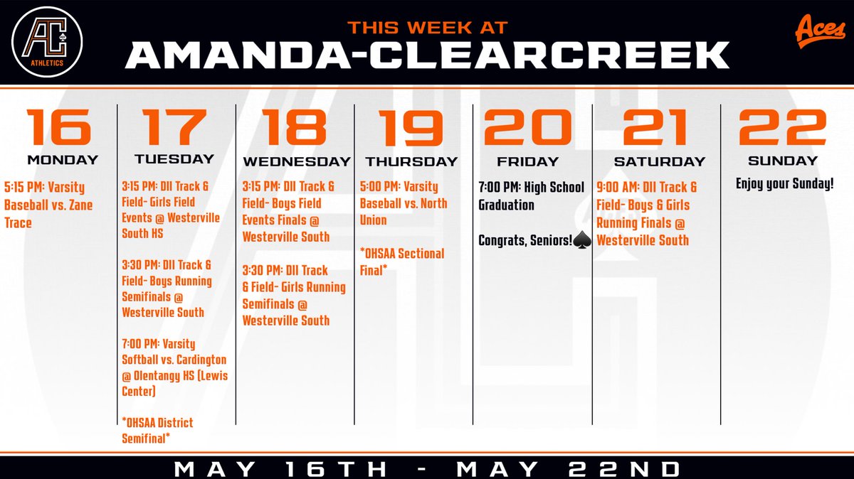 AC_Athletics1's tweet photo. 🗓 | AC Athletics Weekly Schedule (5/16-5/22) ♠️ https://t.co/7kmfT9GyiK