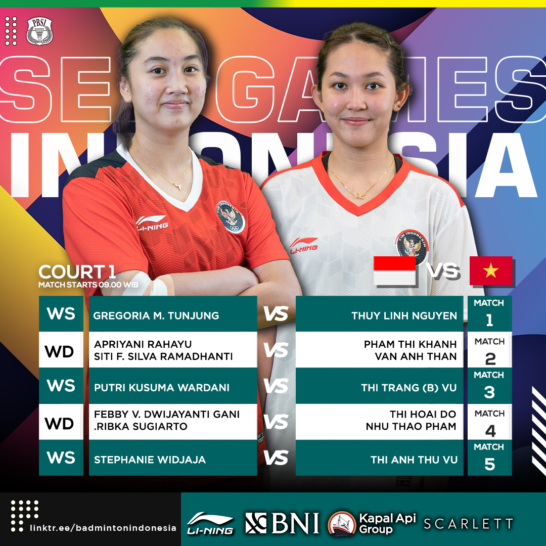 INABadminton's tweet photo. Semi Final Beregu Putri
Indonesia 🇮🇩 vs Vietnam 🇻🇳

Selasa (17/5) mulai pukul 09.00 WIB. Lapangan 1 Bac Giang Gymnasium.

Ayo Srikandi Indonesia! Bisa!

#BadmintonIndonesia #SEAGames2021 https://t.co/C4AC3eDM7N