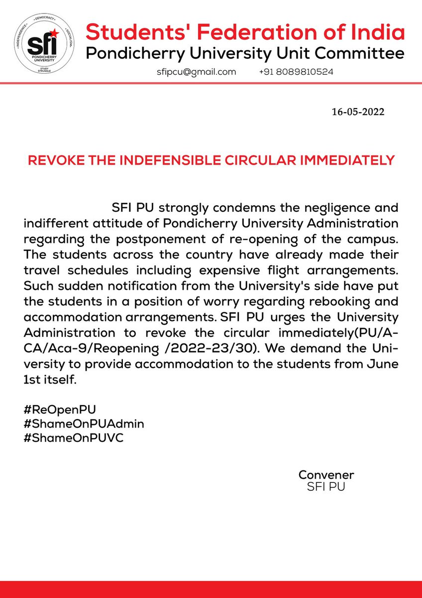 SFI_PondiUni's tweet photo. SFI PU condemns the indifferent and negligent attitude of the University administration regarding campus reopening. 
#ReopenPU
#ShameOnPUAdmin
@PondiUniVC @PondyUniPro @ugc_india @EduMinOfIndia https://t.co/eII8BW410s