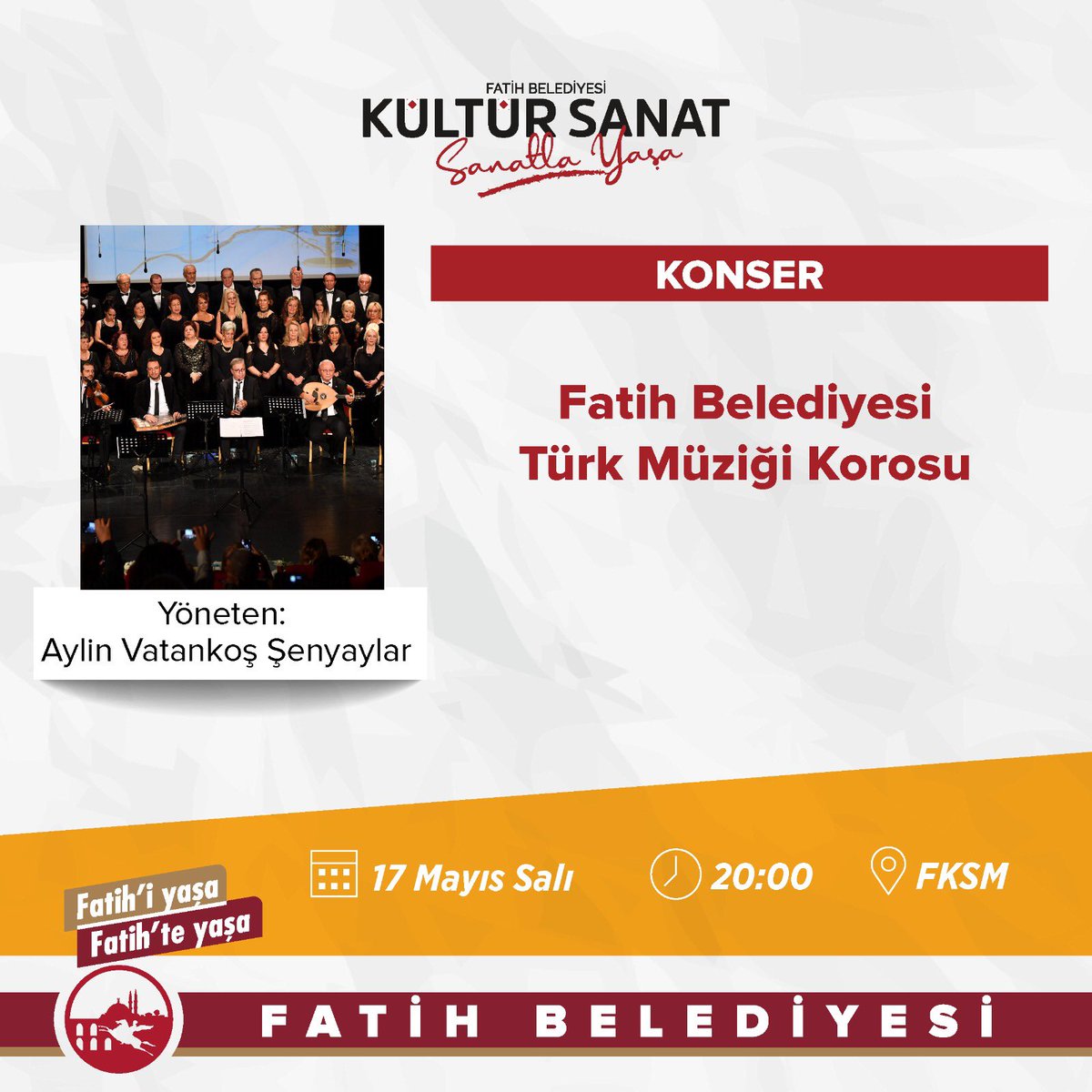 FatihBelediye's tweet photo. Aylin Vatankoş Şenyaylar'ın yöneteceği Fatih Belediyesi Türk Müziği Korosu #FKSM'de. 🎶🎤

Herkesi konserimize davet ediyoruz.

🗓 17 Mayıs Salı
🕙 20.00
📍 #FKSM https://t.co/IlypGcjmlK