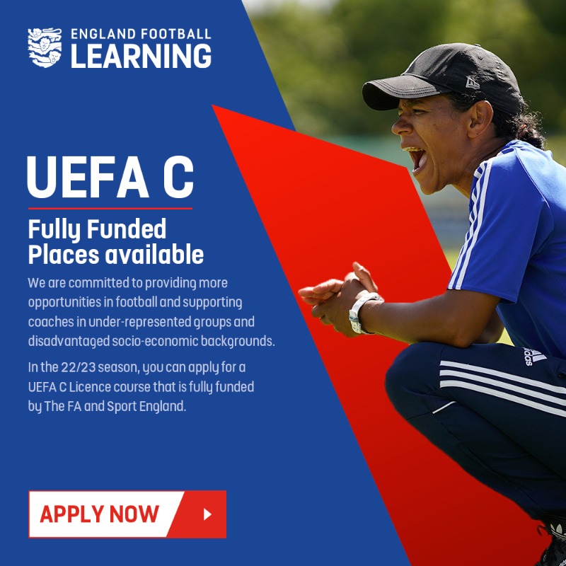 EnglandLearning's tweet photo. Apply for a fully-funded place on the UEFA C Licence next season ⚽

We're providing additional support for coaches who need it most 👊

Start an application alongside your course application today 👇