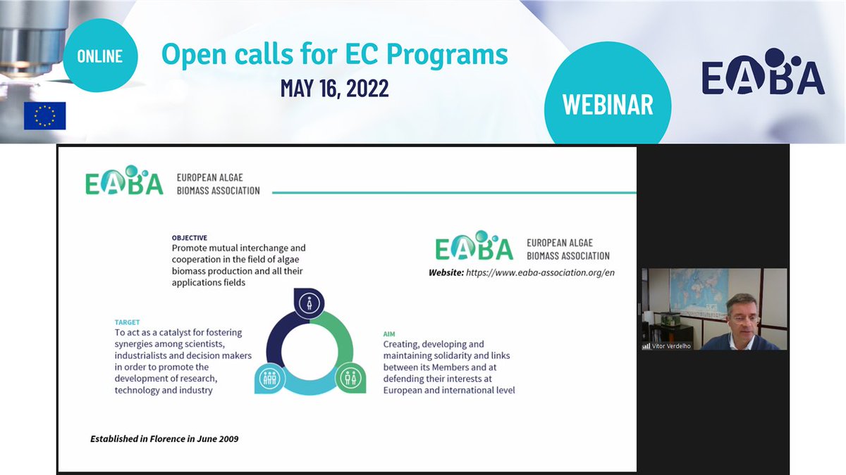 EABA_Algae's tweet photo. EABA Open calls for EC Programs webinar has started! With @vitorverdelho giving a nice welcome and opening the event.

#algae #horizoneurope #funding #microalgae #macroalgae #innovation #research #projects #europeancommisson #webinar https://t.co/rcibUaVFUx